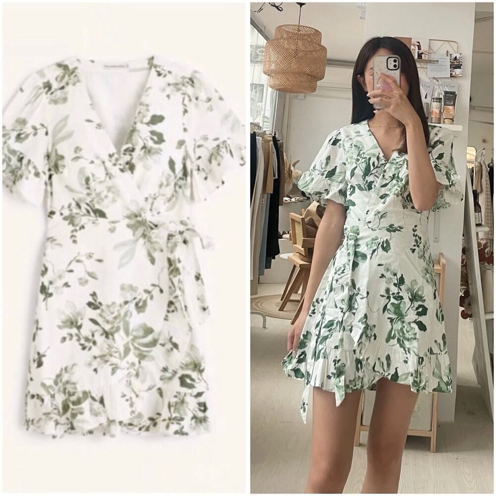 Abercrombie & Fitch Angel Wrap Mini Dress Green Floral Linen Blend Size Small